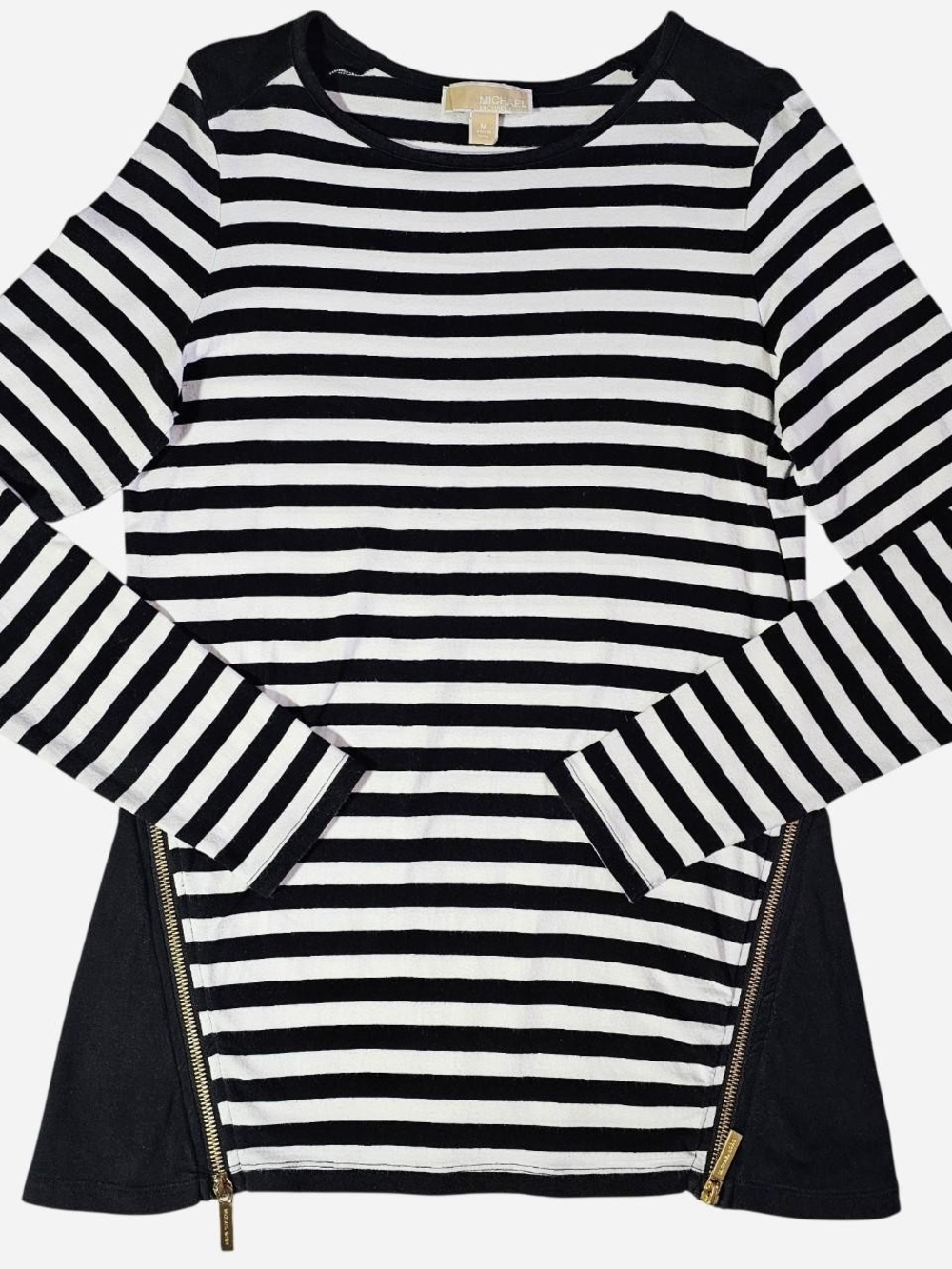Michael Kors Black and White Striped Crewneck Sweater with Side Zips